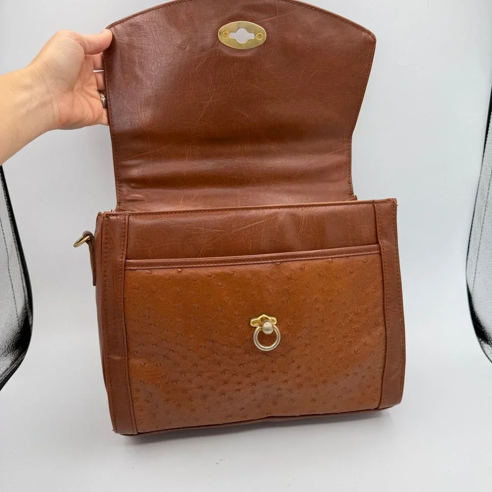 Vintage Carlo Calucci Ostrich Embossed Satchel Bag Brown Turn Lock Flap Brass